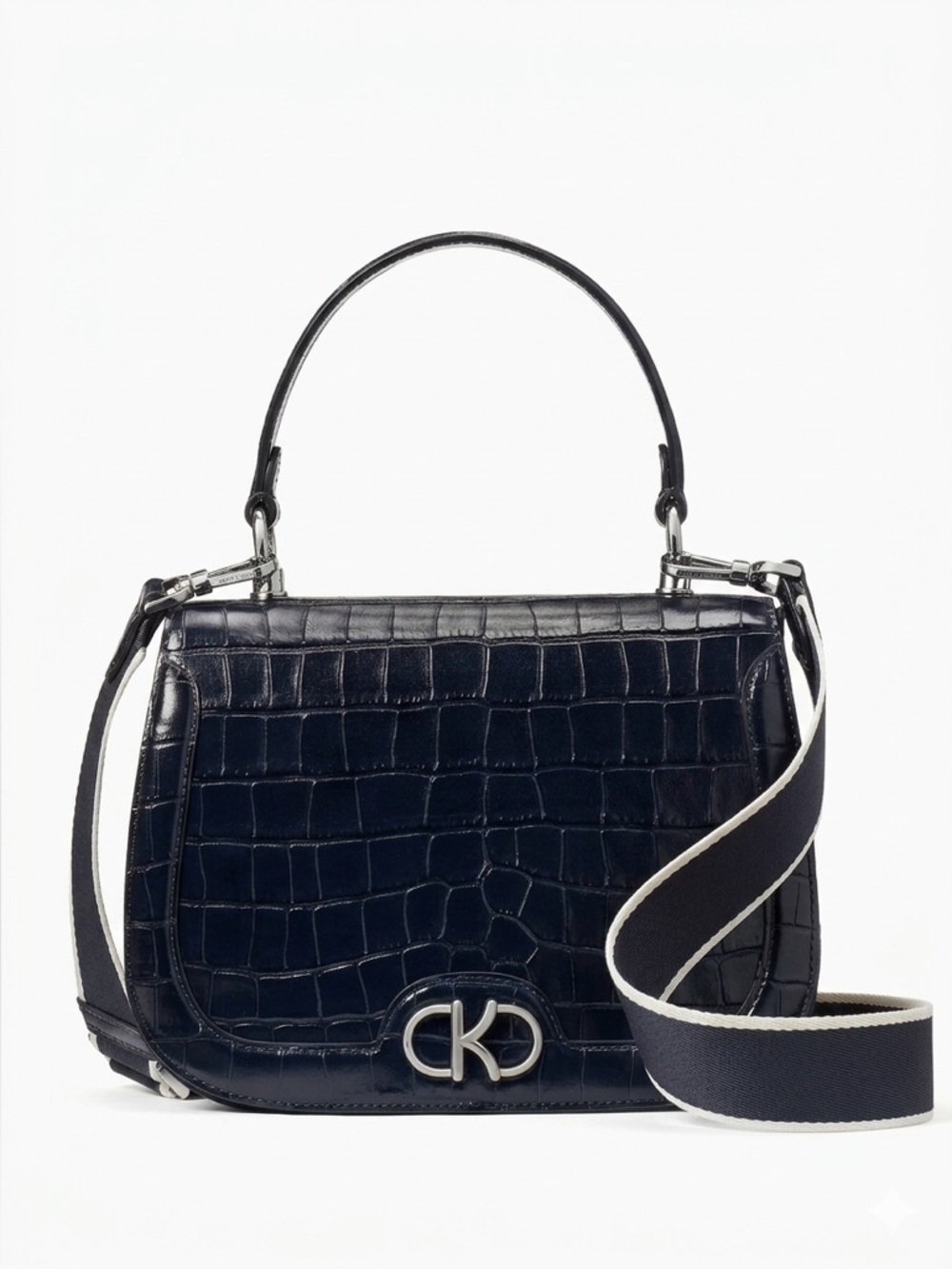 Kate Spade Kyla Croc Embossed Leather Bag Navy Silver Hardware Guitar Strap